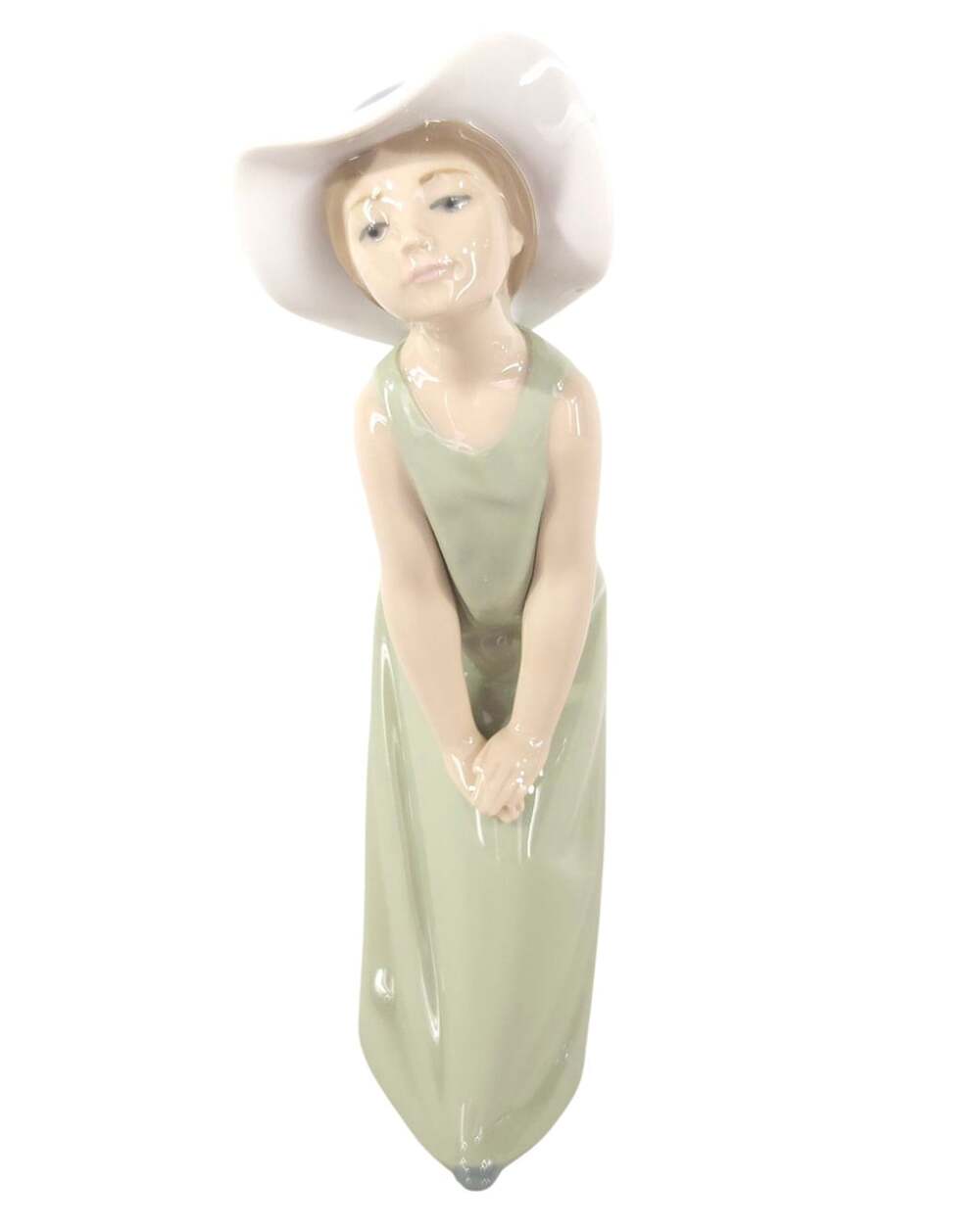 Vtg 70s Lladro 5009 Curious Girl Straw Hat Green Dress Porcelain Figurine $240